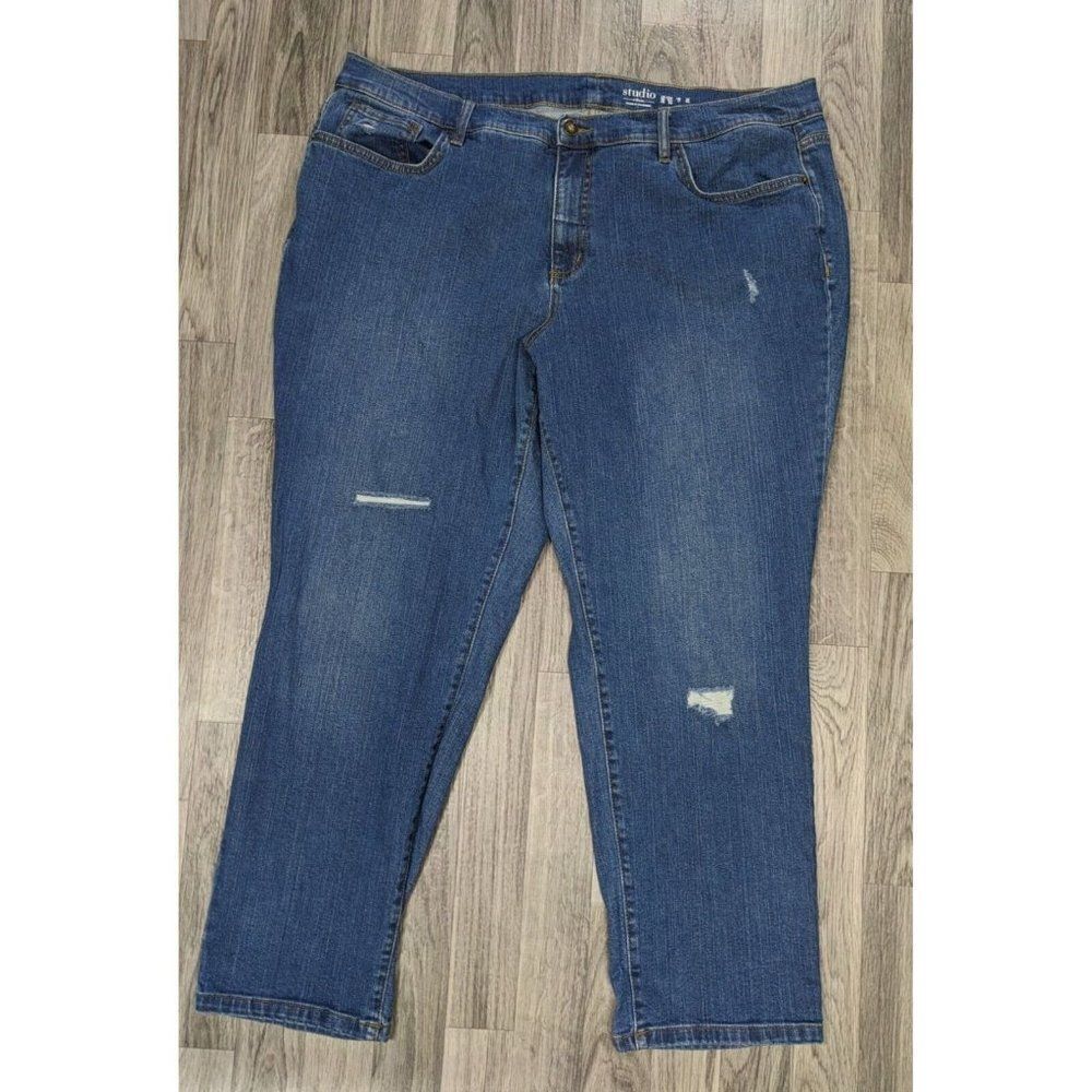 Studio By D&Co Womens Plus Size 20W Distressed Straight Leg Denim Blue Jeans